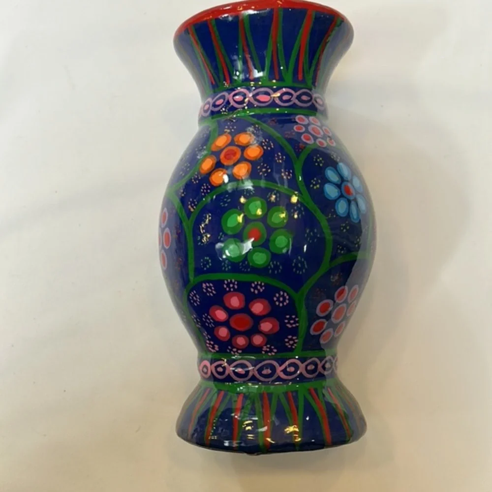 Vintage Mexican Folk Art Painted Terracotta Vase